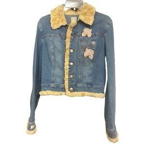 XOXO Blue Denim Floral Rose Embroidered Crop Stretch Jean Jacket Womens Medium
